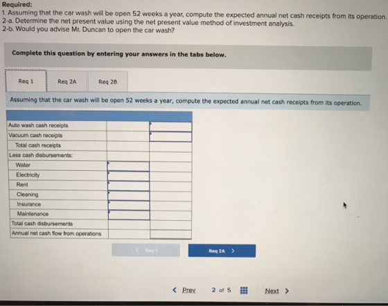 Required: 1. Assuming that the car wash will be open 52 weeks a year, compute the expected annual net cash receipts from its