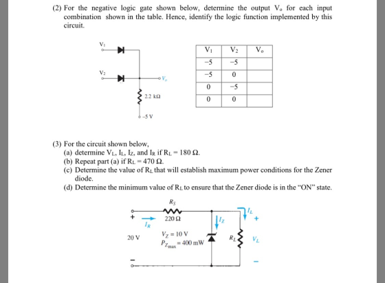 (2) For the negative logic gate shown below, determine the output Vo for each input combination shown in the table. Hence, identify the logic function implemented by this circuit. 2.2 kΩ 0 -5 V (3) For the circuit shown below, (a) determine VL, IL, Iz, and IR if RL-180 2 (b) Repeat part (a) if R 470 2 (c) Determine the value of RL that will establish maximum power conditions for the Zener diode. (d) Determine the minimum value of Ri to ensure that the Zener diode is in the ON state +220 S2 Vz = 10V 20 V