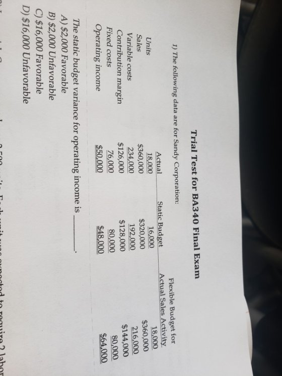 Trial Test for BA340 Final Exam 1) The following data are for Sandy Corporation: Flexible Budget for Actual Sales Activity 18