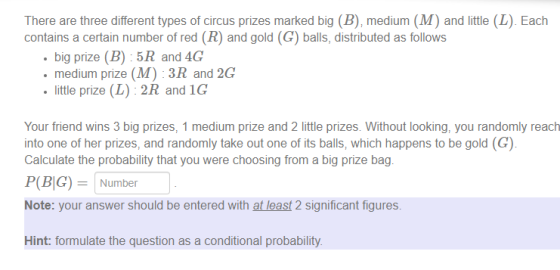 There are three different types of circus prizes marked big (B), medium (M) and little (L). Each contains a certain number of