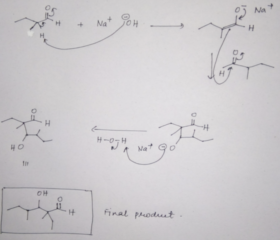 Draw the structure of the product formed when 2-methylbutanal is treated with cold aqueous base