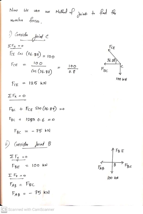 Now We can kue Method of Joints to find the members forces. : Consider Joint C FCE Fy = 0 FCE Cos (36.87) - 100 36.89 FCE TOO
