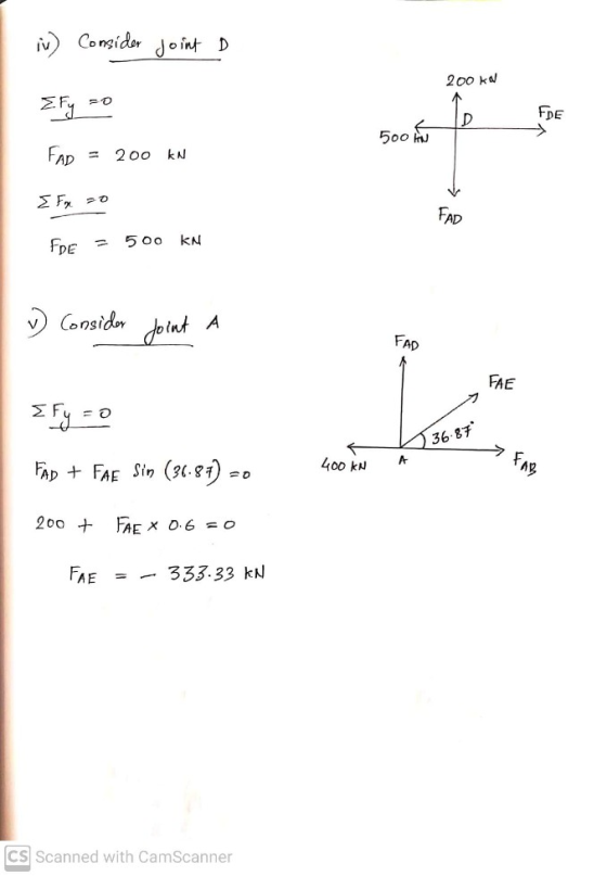 Consider joint D 200 km D FDE 500 Kn FAD = 200 kn FAD FDE KN 500 Consider joint А FAD FAE Fy = o 36.87 7 FAB FAD + FAE Sim (3