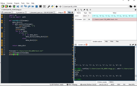 C:\Users\user\IR_WORK Е, 2 ас chegg.py X Name Type Size Value dict dict 7 {h:1, e:2, l:2, o:1, n:1, a:1, m:1} f