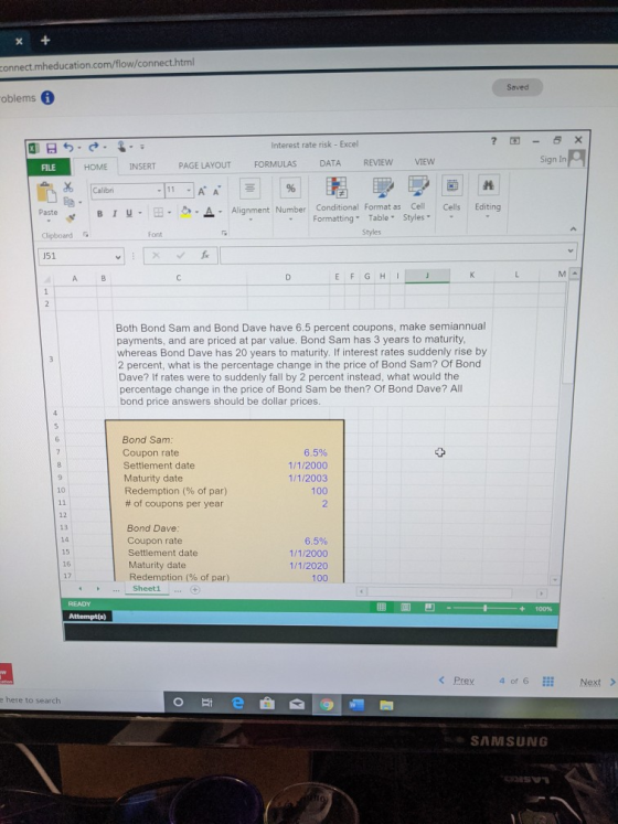 connect.mheducation.com/flow/connect.html Saved oblems ? X Interest rate risk - Excel FORMULAS DATA REVIEW - Sign In FILE HOM