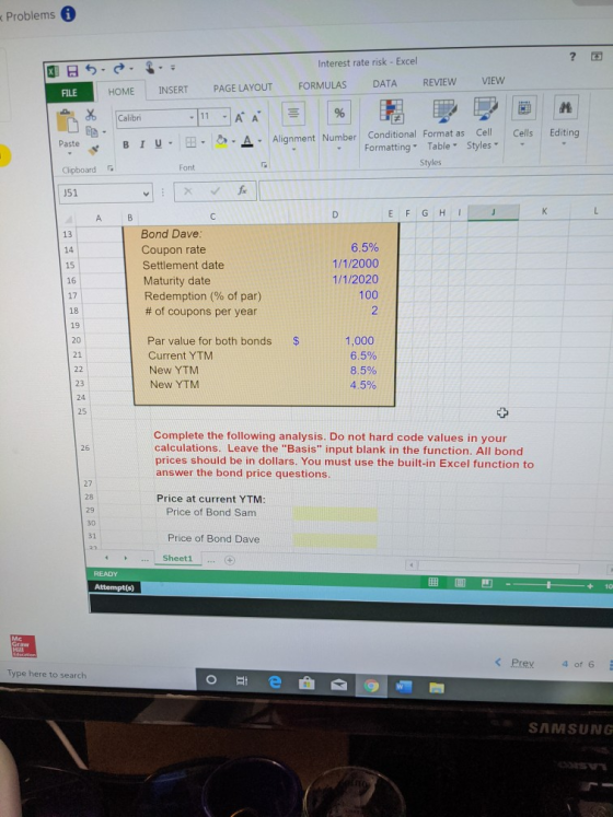 Problems 5. Interest rate risk - Excel FORMULAS DATA REVIEW VIEW FILE INSERT PAGE LAYOUT - Cells Editing Paste B IU-EB- A- Al